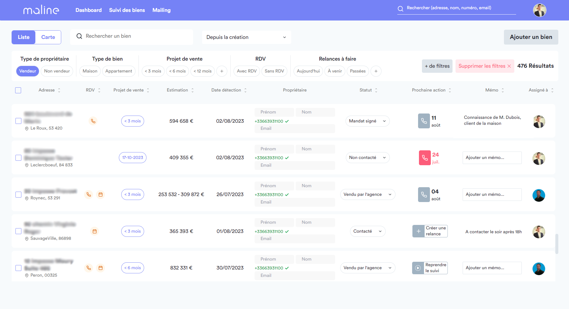 Interface du générateur de leads vendeurs Maline Immobilier